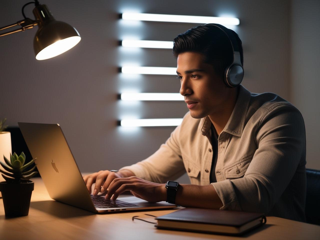 Person using laptop in moody tech-themed room with soft ambient lighting.