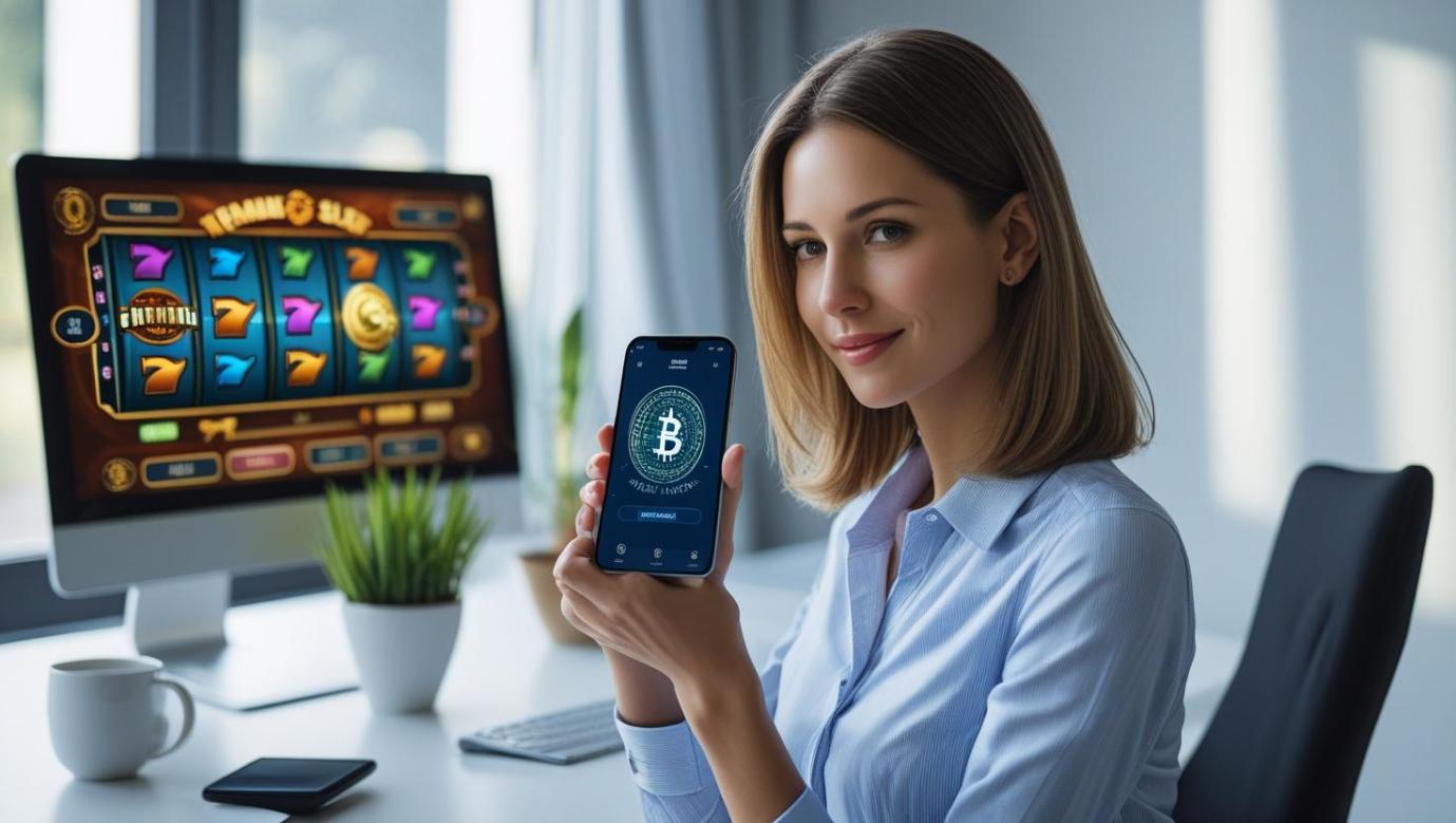 Person viewing crypto wallet beside online slot interface on modern gaming desk setup.