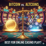 A conceptual image visually represents the debate between Bitcoin and Altcoins for online casino use.