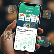 An image depicting a mobile phone showing the "Aplikasi 55five" with a graph illustrating an upward trend in mobile lottery engagement in Indonesia.