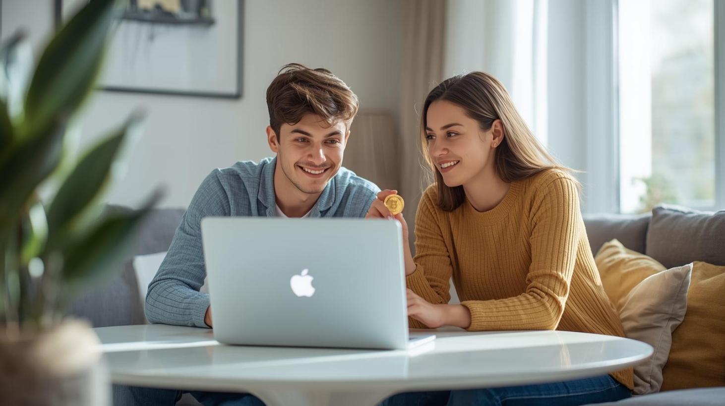 Two friends smiling casually with crypto coin, laptop screen blurred, warm bright room atmosphere.