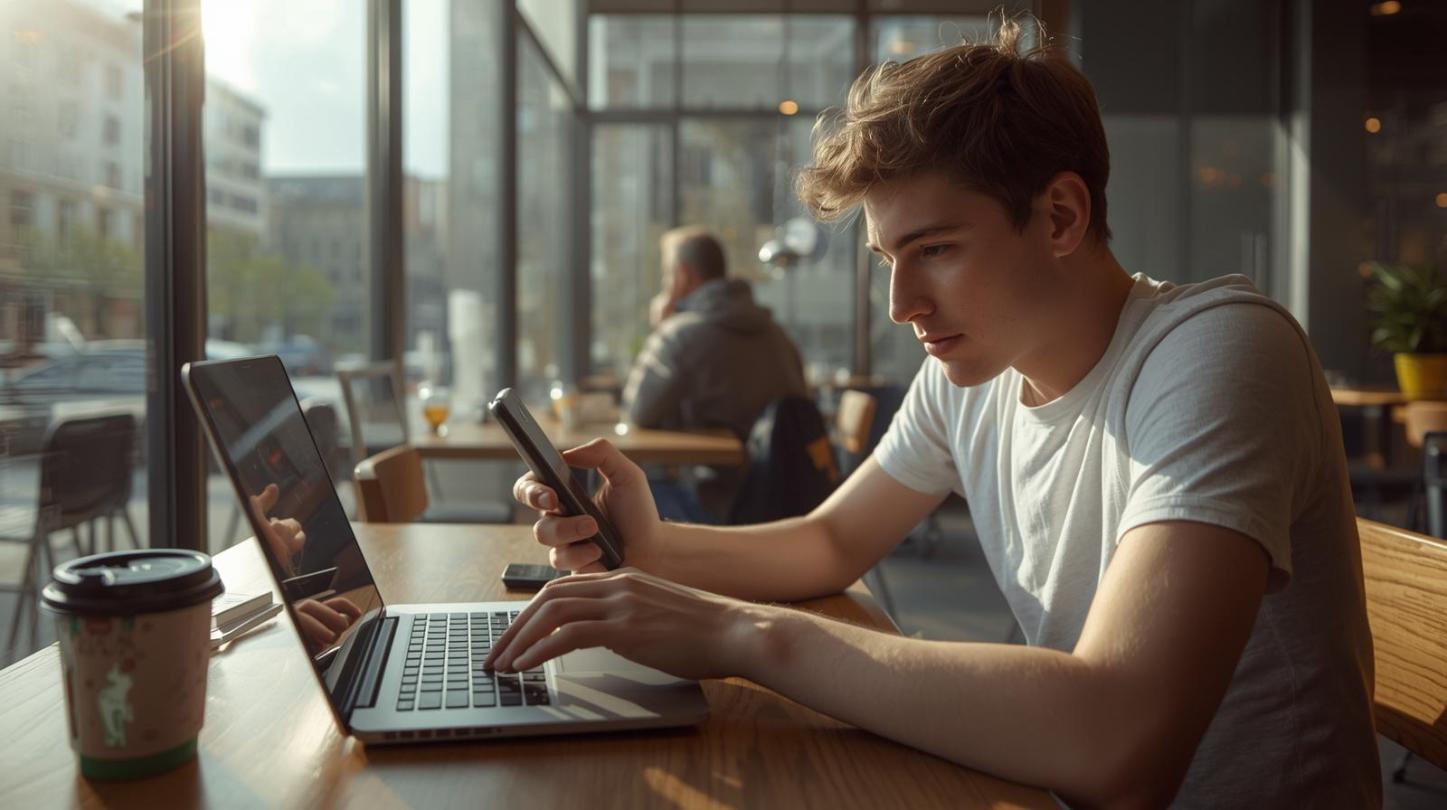 Young crypto gamer explores digital entertainment trends inside bright modern neighborhood café.