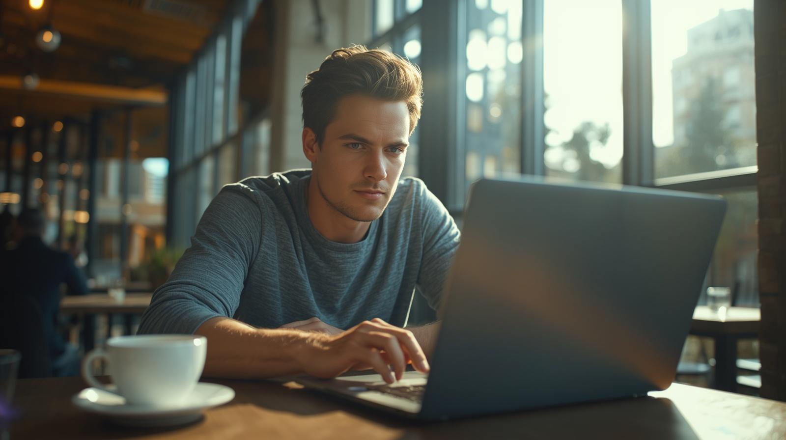 Young professional explores crypto gaming trends inside bright modern café during afternoon.
